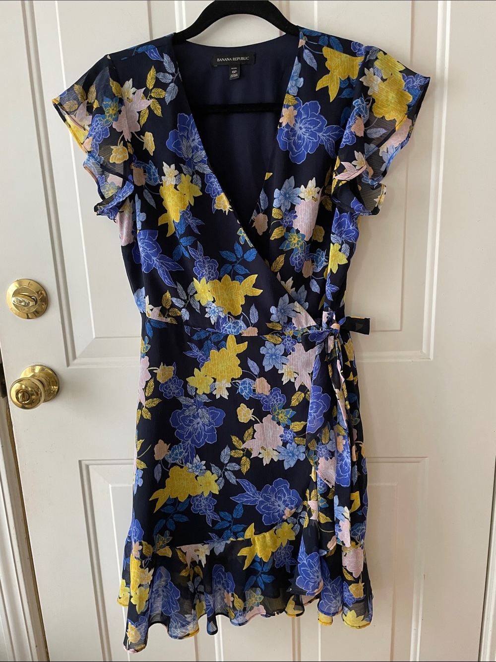 Banana Republic Navy Floral Wrap Dress - Blue, Yellow & Light Pink Size 6P